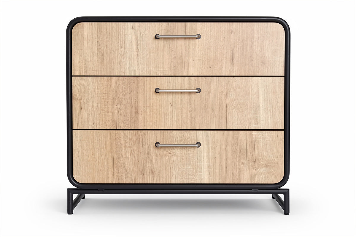 **Moderne dressoir met drie lades van hout en metalen frame**