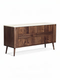 **Technische titel in het Nederlands: Moderne houten dressoir met witte top en verticale lijnen**