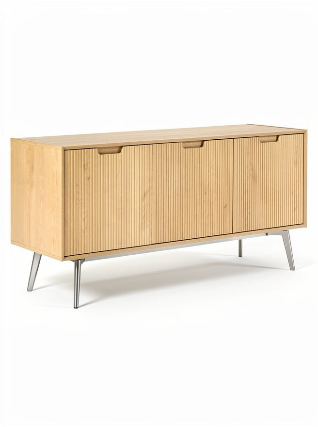 Technische titel in het Nederlands: **Moderne Eiken Houten Dressoir met Gestreepte Deuren en Metaal Onderstel**